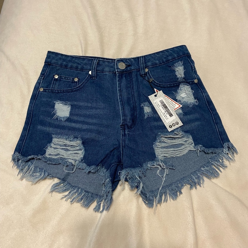 BooHoo Blue High Rise Distressed Shorts - Picture 2 of 4